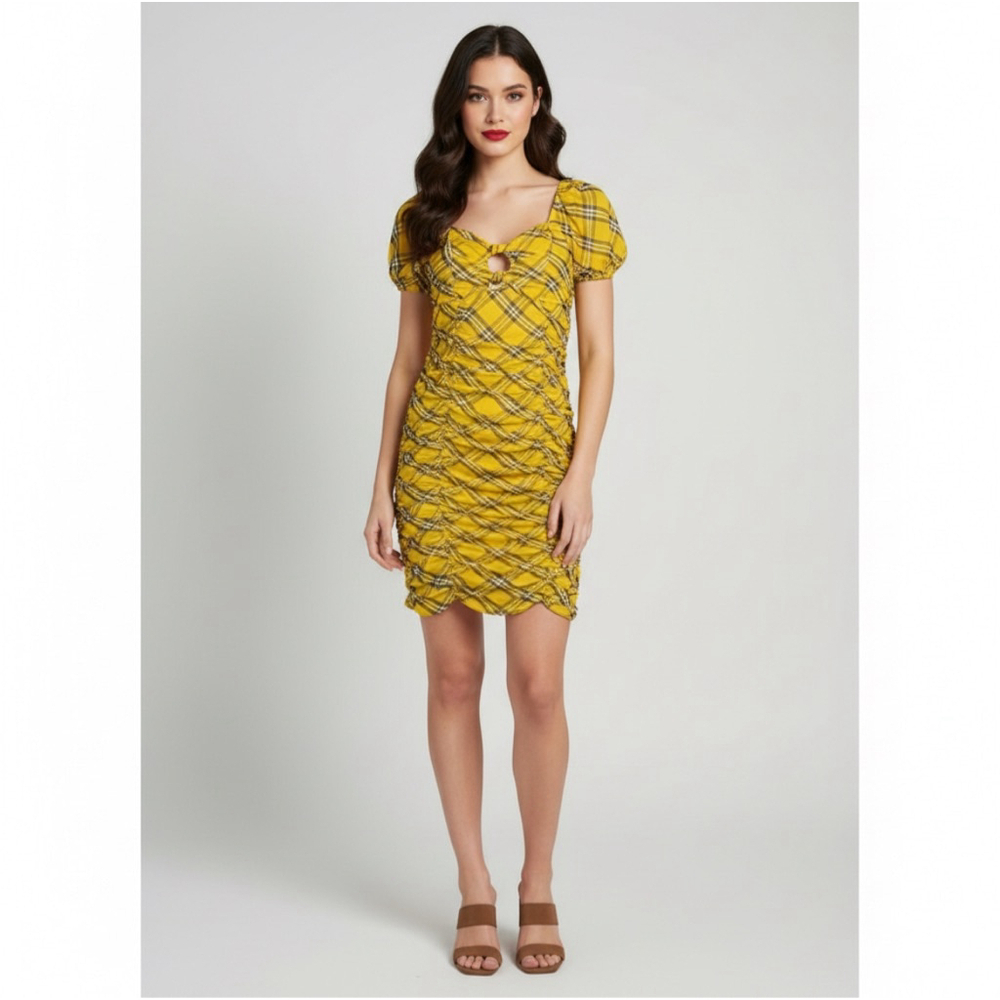 Madden NYC Clueless 90’s y2K Yellow Plaid Puff Sleeve Ruched Mini Dress Large
